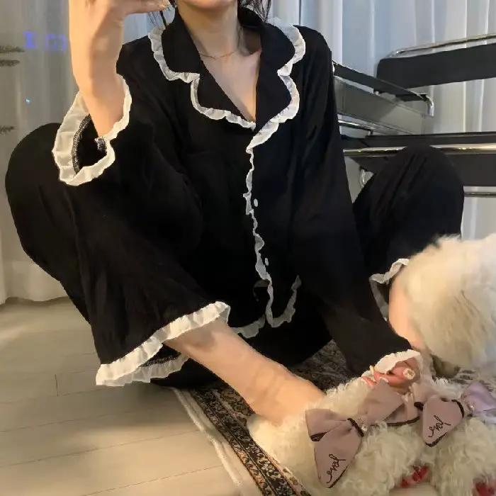 Ensemble de pyjama noir à manches longues pour femmes, dentelle, mignon, doux, confortable, pantalon
