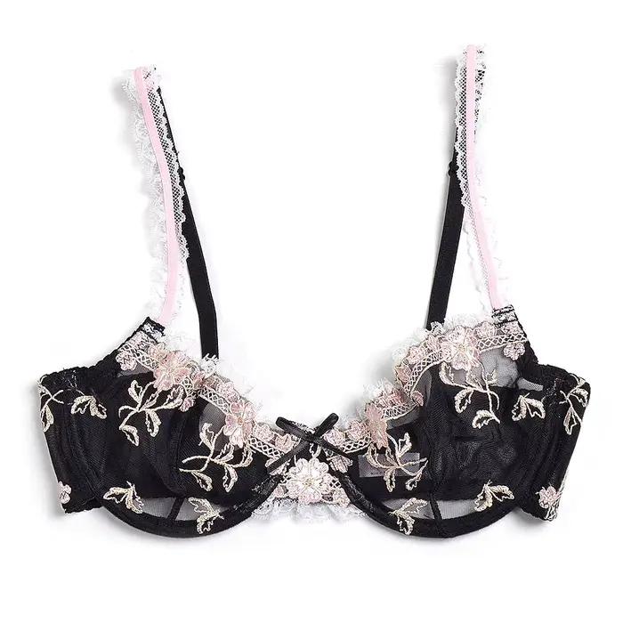 Soutien-gorge en dentelle transparente pour femmes, ultra-mince, bralette imprimée, sexy, fil, grand