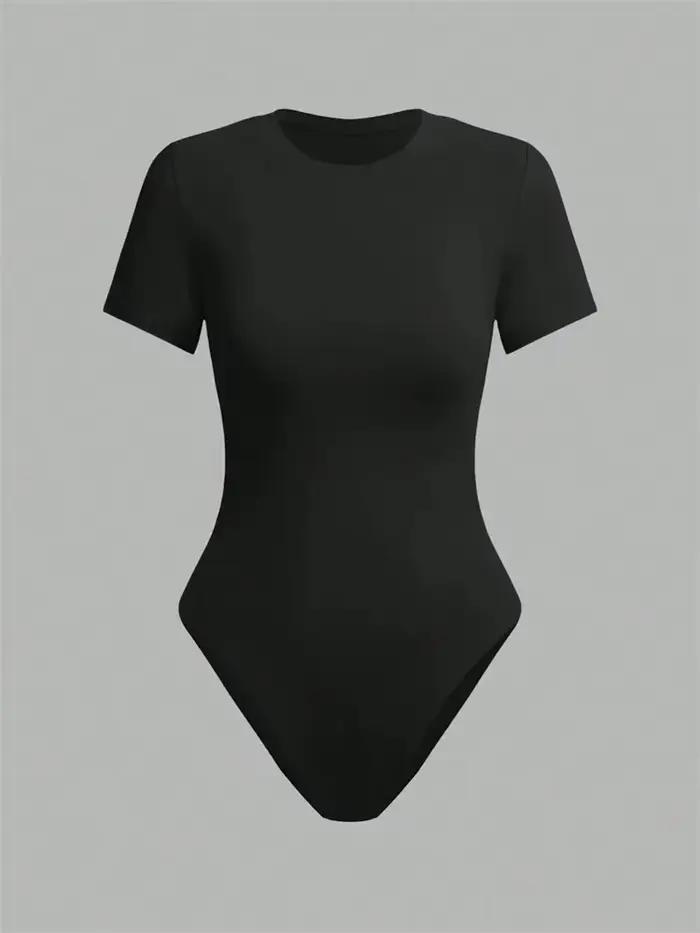 Body basique à manches courtes pour femmes, couleur unie, col rond, moulant, barboteuse, chemisier, 