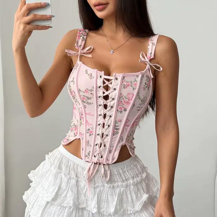 Corset désossé imprimé fleur à lacets sur le devant irrégulier pour les femmes mode mince Sexy Shape
