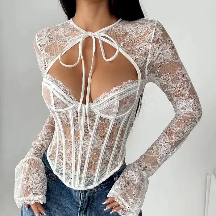 Chemise Corset en dentelle, Sexy, arête de poisson, transparent, évasé, manches longues, hauts pour 