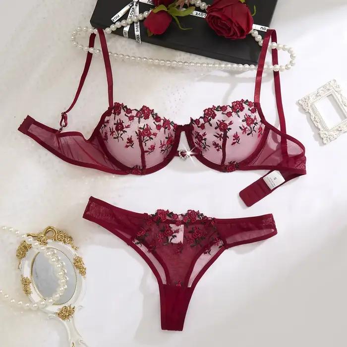 Ensemble de lingerie en dentelle brodée florale de style français rouge bordeaux, soutien-gorge tran