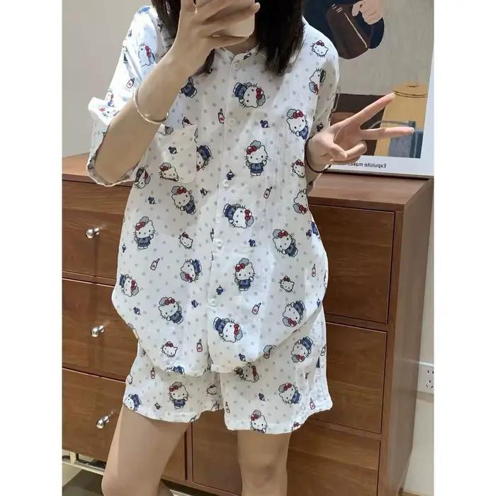 Ensemble pyjama d'été 2 pièces Hello Kitty pour femme, à pois, manches courtes et short, motif dessi