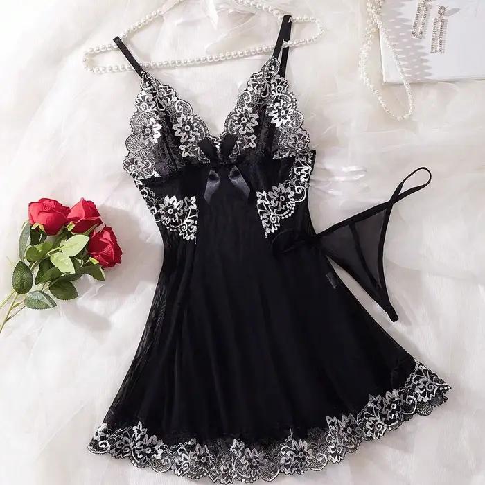 Lingerie noire pour femmes, sous-vêtements, vêtements de nuit, robe de nuit en dentelle et ensembles