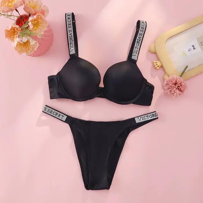 Ensemble de lingerie sexy Victoria's Secret avec bretelles à logo en strass, soutien-gorge push-up e