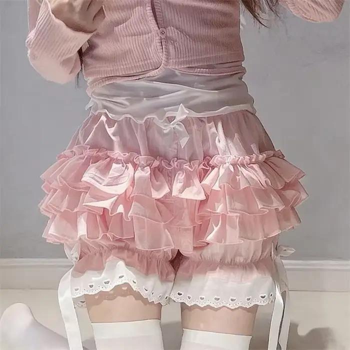Culottes plissées roses pour femme, culottes mignonnes à nœud papillon, shorts de sécurité lolita, p