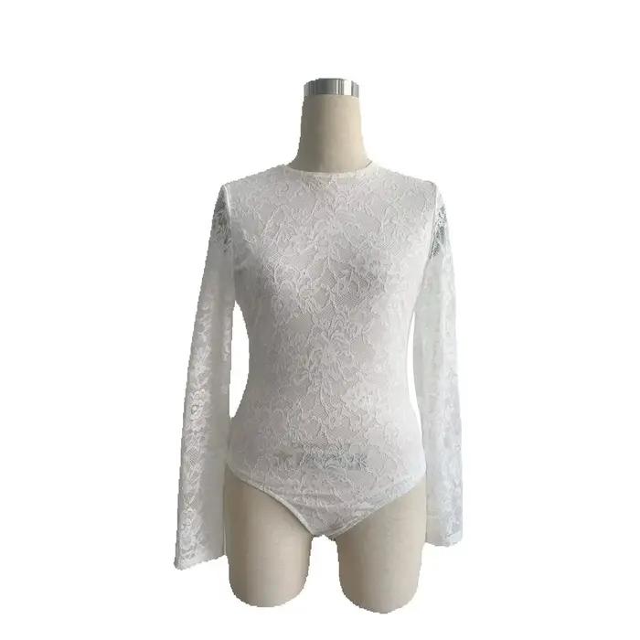 Body une pièce blanc en dentelle et résille à manches longues pour femme, sexy, dos nu, col rond, mo