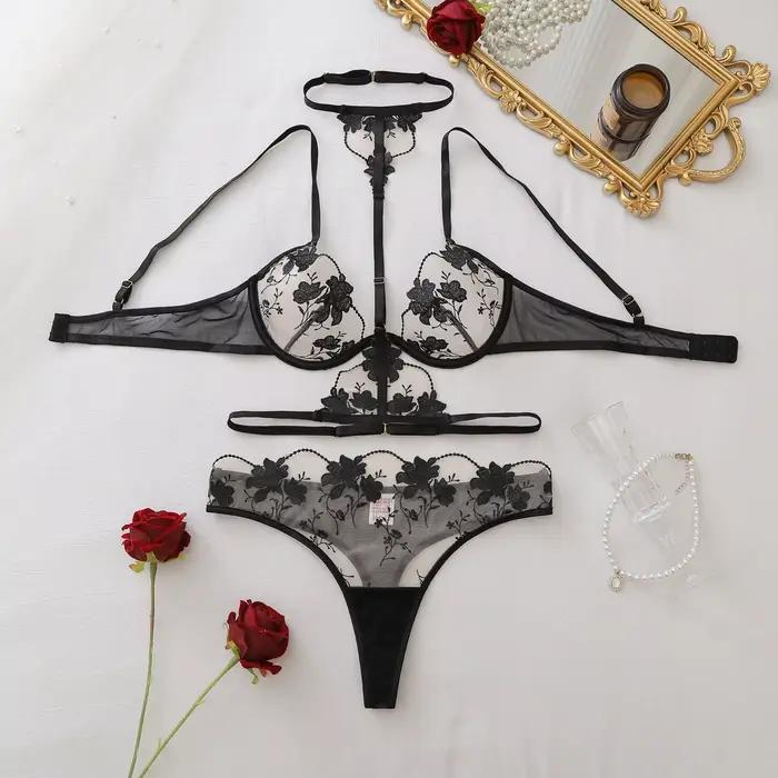 Ellolace – Ensemble de lingerie élégant pour femme, soutien-gorge transparent séduisant, string et c