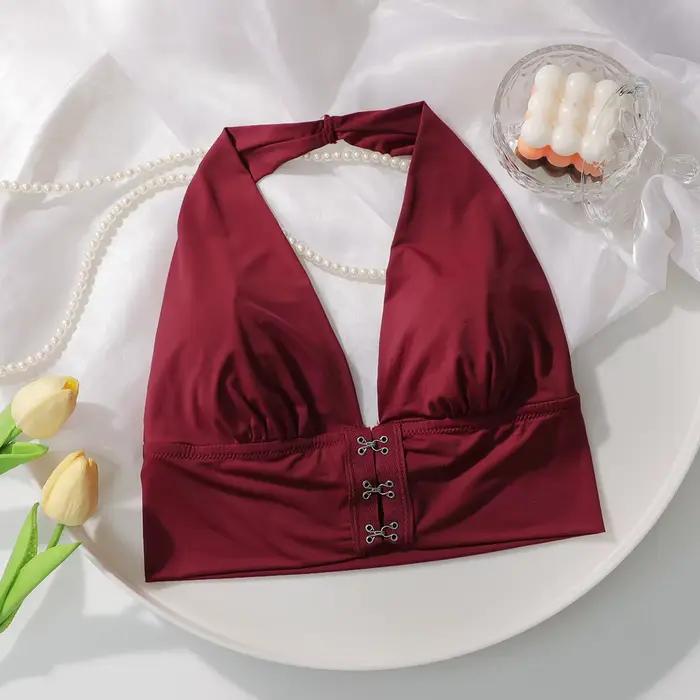 Soutien-gorge sexy rouge à boutons sur le devant sans anneau en acier, soutien-gorge double couche s