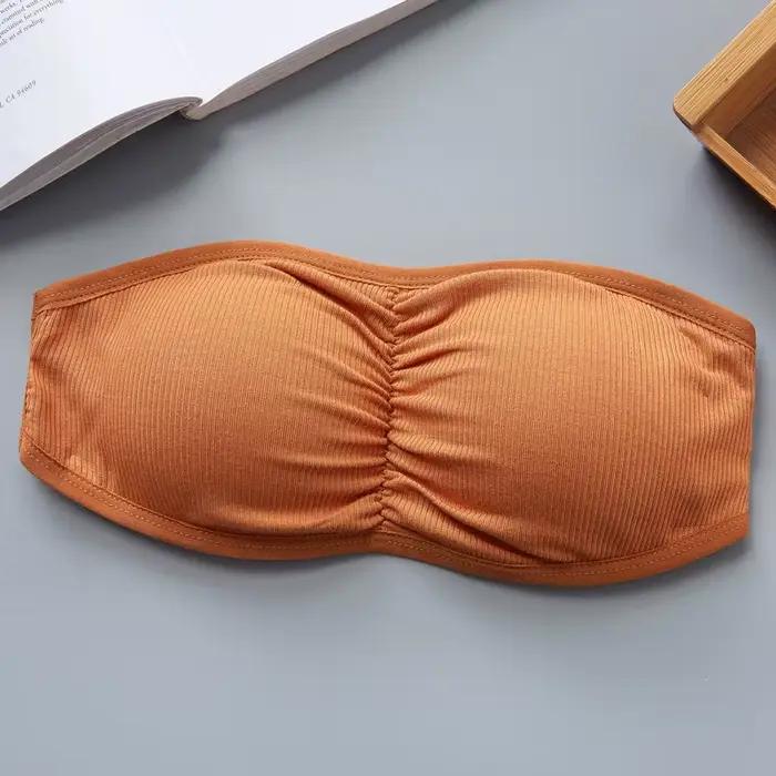 Soutien-gorge bandeau côtelé sans bretelles pour femme, anti-dérapant, froncé, avec coussinets amovi