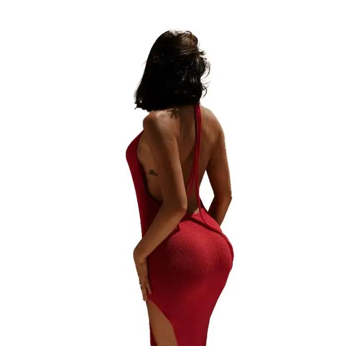 Robe de plage d'été, fente haute, couleur unie, robe de vacances, Sexy, tricot, dos nu, col licou, é