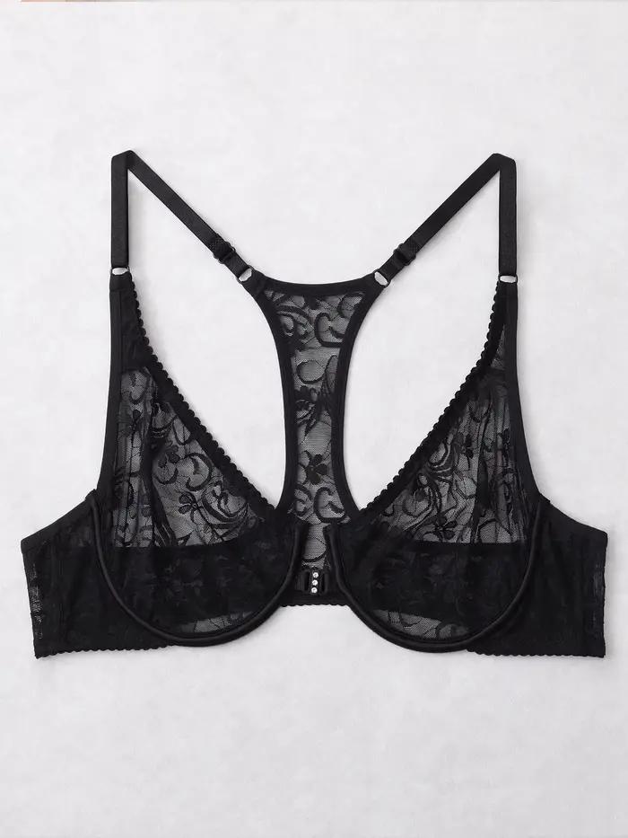 Soutiens-gorge pour femmes à boutonnière avant, en dentelle, avec armatures, broderie élégante, dos 