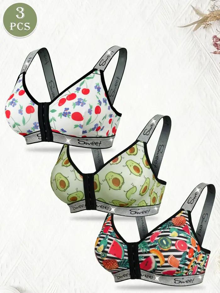 Lot de 3 soutiens-gorge sans fil pour femmes, bralette confortable à fermeture avant avec imprimé fr