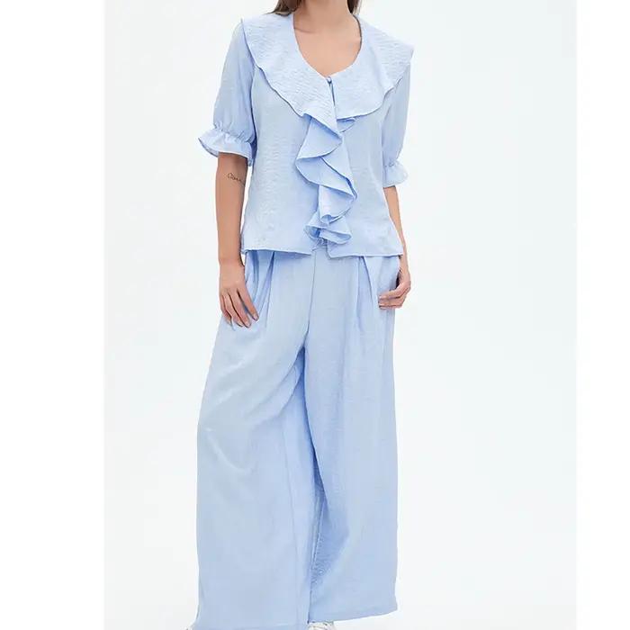 Ensemble pyjama en lin pour femme, 2 pièces, chemise à manches courtes avec volants sur le devant, p