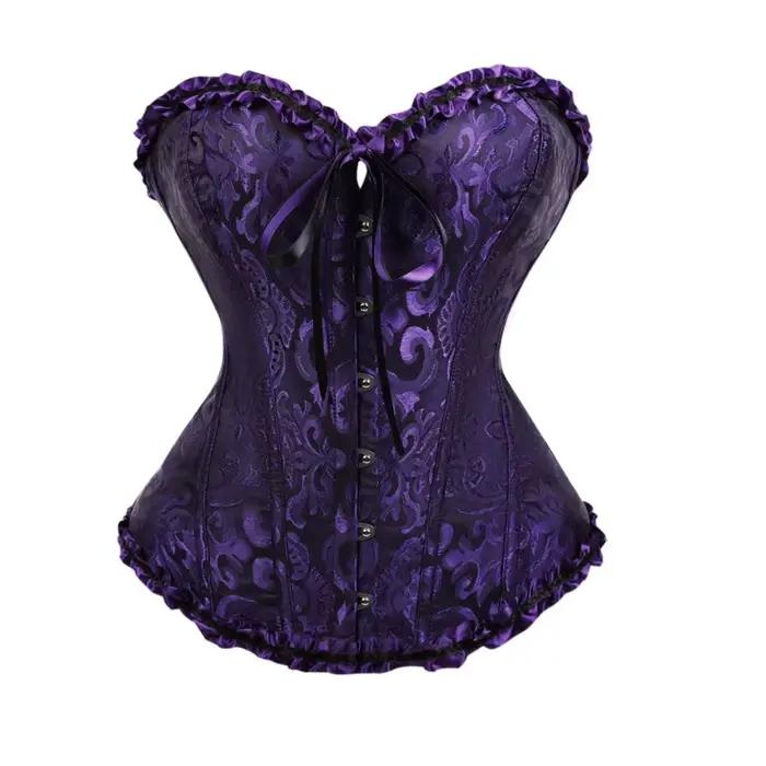 Corset violet jacquard à encolure cœur, fermeture avant, dos à lacets, bordure à volants, style goth