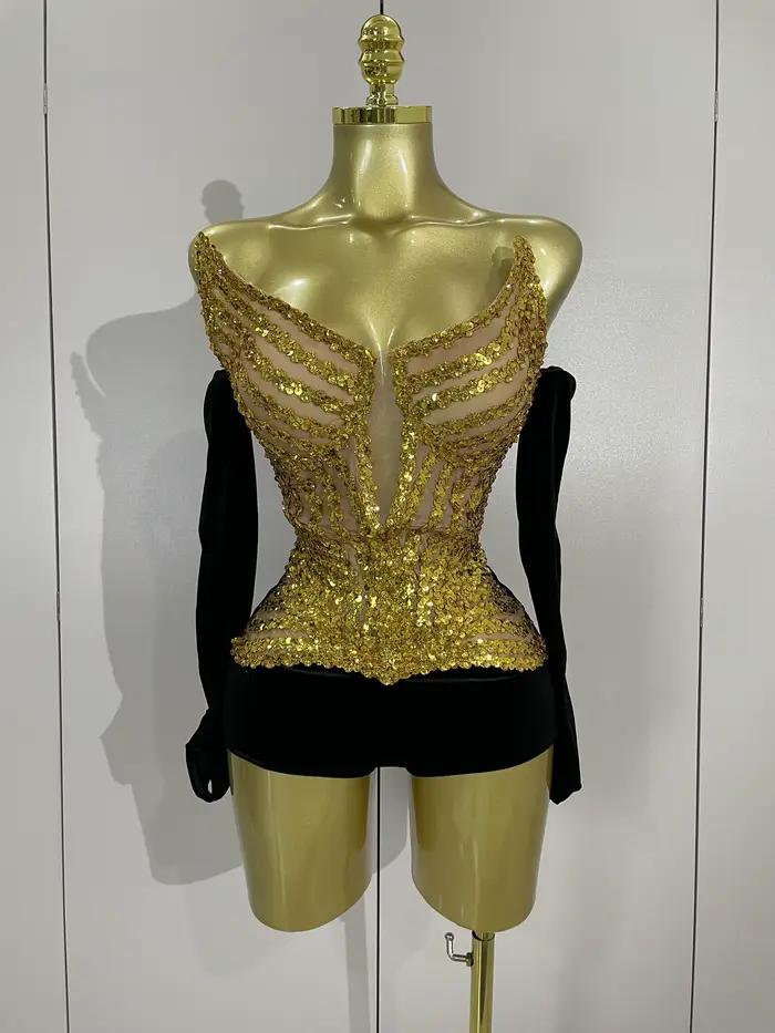 Body Sexy sans bretelles pour femmes, paillettes dorées brillantes, avec gants, robes de soirée élég
