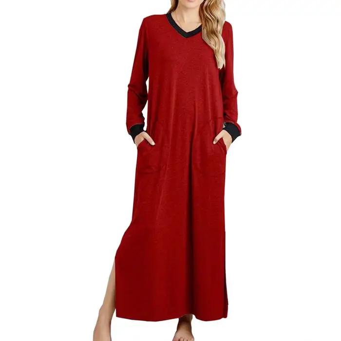 Chemises de nuit pour femmes, col en v, manches longues, avec poche, couleur unie, Robes longues, ch