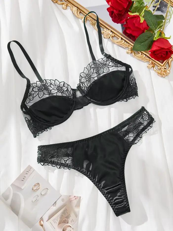 Ensemble de soutien-gorge sexy 2 pièces avec broderie florale - Ensemble de lingerie semi-transparen