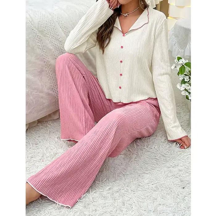 Pyjama doux et élégant pour femme, costume deux pièces, Cardigan à manches longues et pantalon à rev