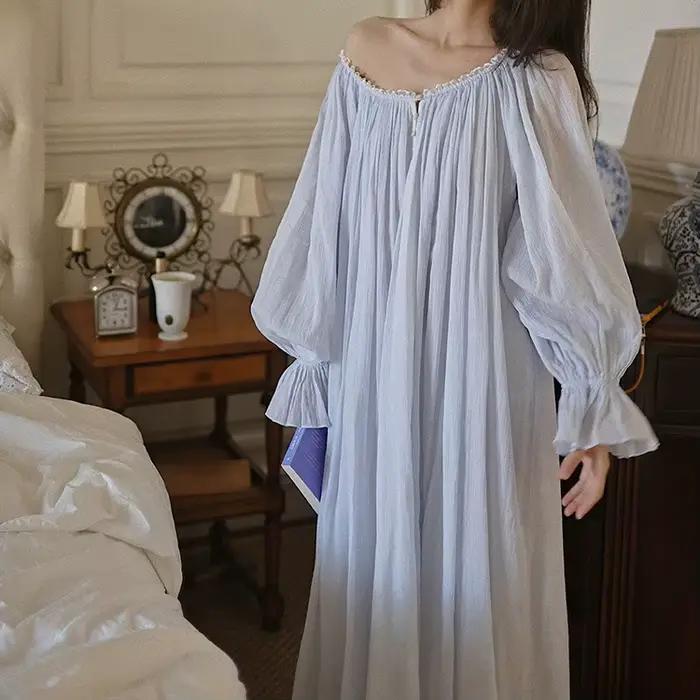 Robe de nuit longue 100 % coton, style féerique français, coupe ample, pour femme, avec manches long