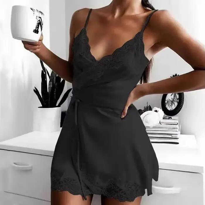 Chemise de nuit femme été dames confort lingerie sexy vêtements de nuit soie Satin dentelle Mini pyj