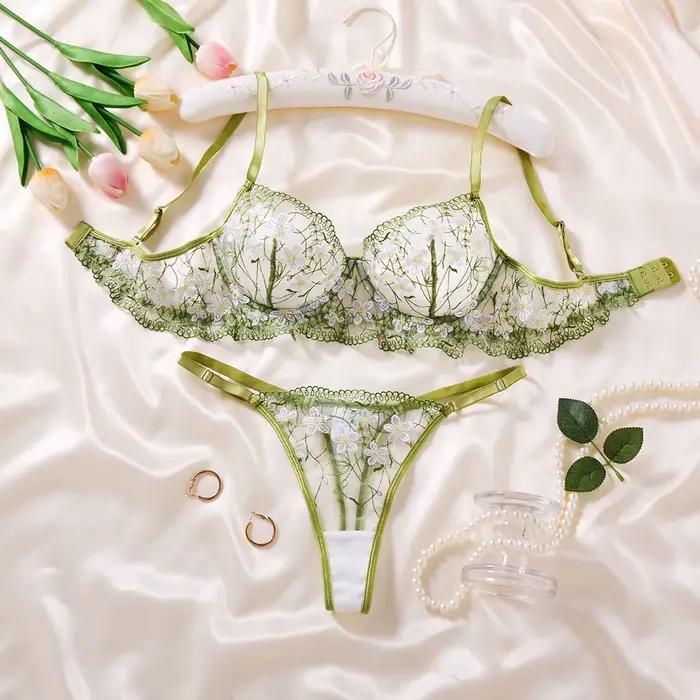 Lingerie une pièce en dentelle florale verte sexy et transparente, brodée, style français doux et pa