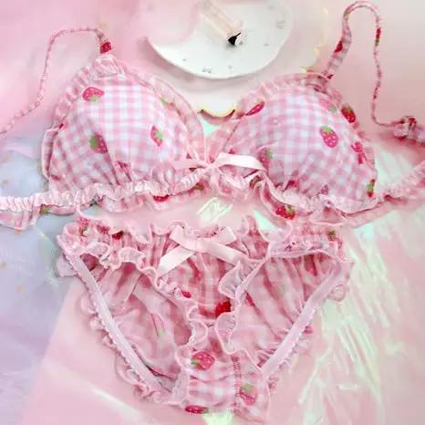 Lolita — Ensemble soutien-gorge et culotte imprimé fraise, lingerie pour filles japonaises