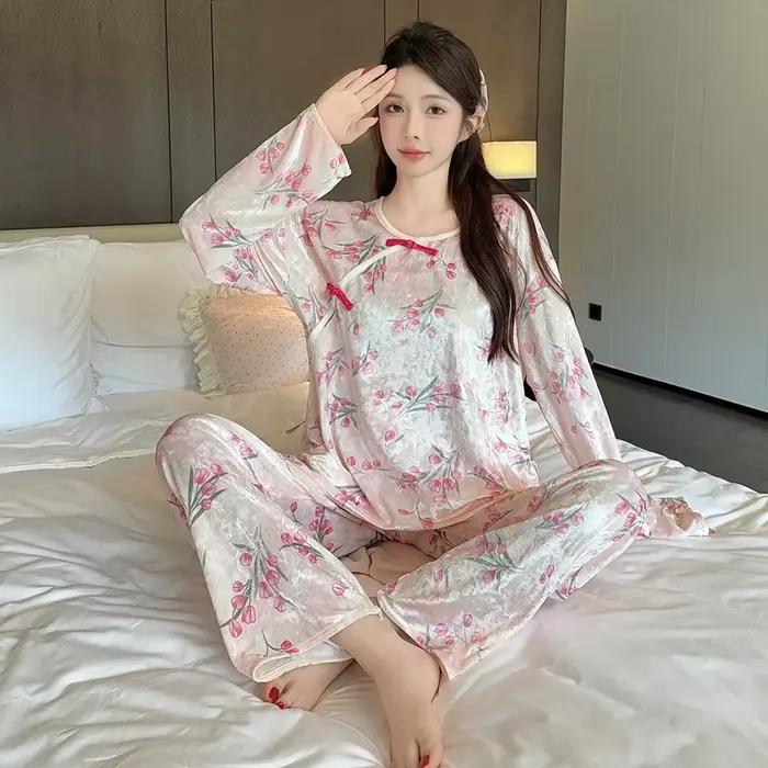 Pyjama en velours doré pour femme, vêtement d'extérieur chaud à manches longues, haut de gamme, nouv