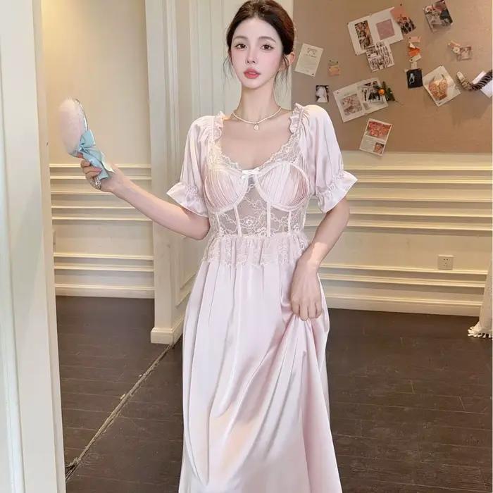 Doux à manches courtes Style français chemise de nuit été glace vêtements de nuit en soie maison rob