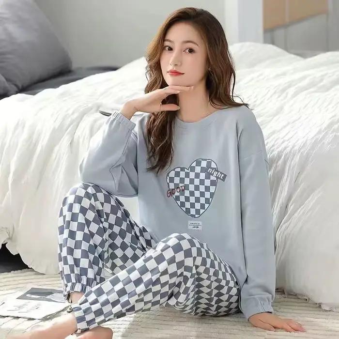 Pyjamas femmes à manches longues pantalons longs ensemble ample Plaid étudiant pyjamas peut être por