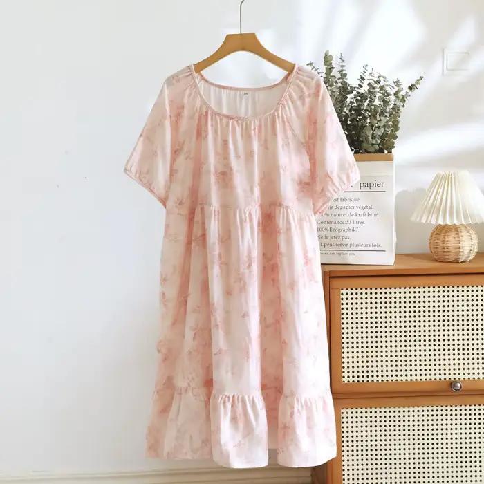 Chemise de nuit à imprimé floral pour femme, robe de nuit en gaze de coton 1 pièce, manches courtes 