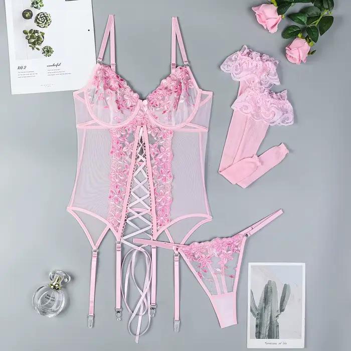 Ellolace fantaisie Sexy Lingerie 3 pièces Corset à lacets beaux body avec bas luxe G-String rose pro