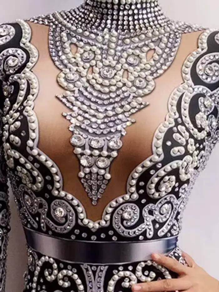 Combinaison moulante pour femme avec perles et diamants, tenue de pole dance, robe de spectacle pour