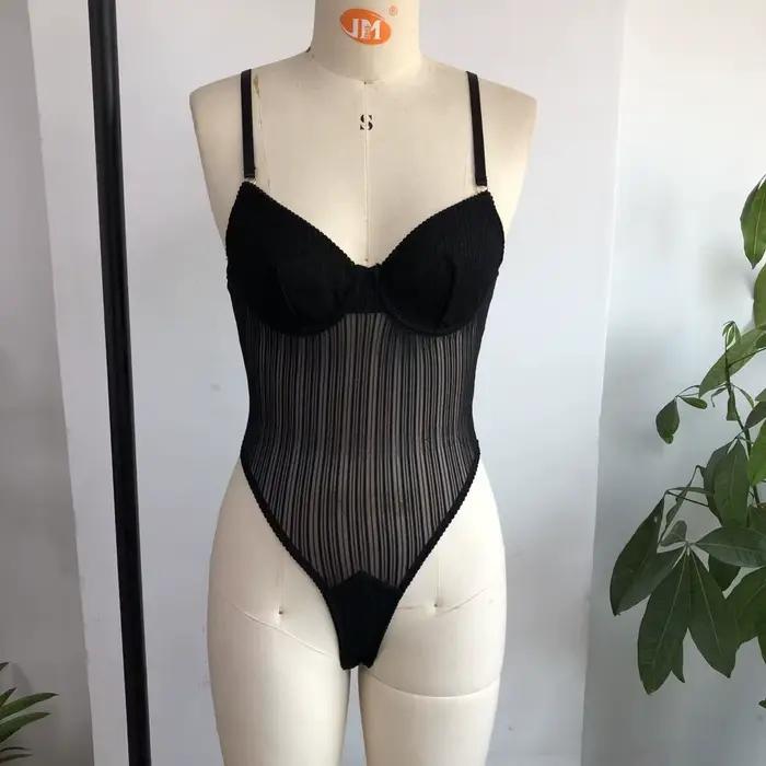 Body Corset séduisant en maille transparente, Lingerie ajourée, découpes à rayures, bretelles réglab
