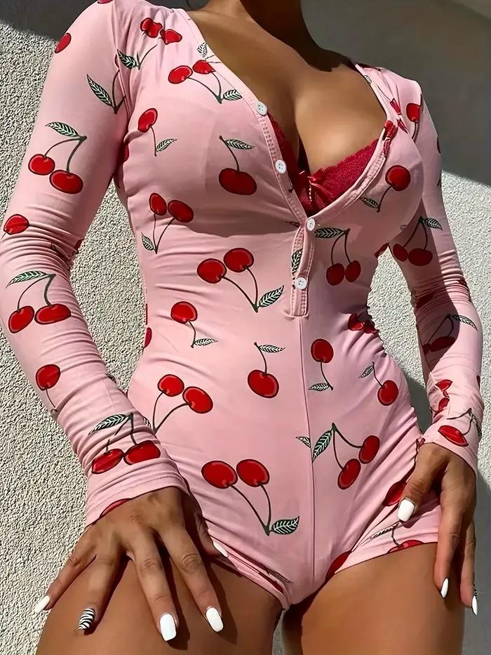 Pyjama Sexy pour femmes, body décontracté, imprimé cerise, col en v, bouton avant, manches longues, 