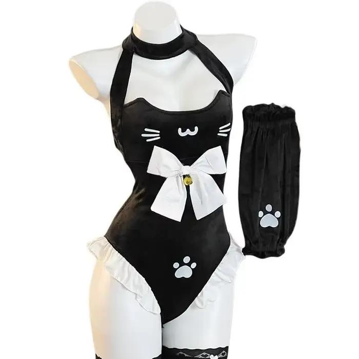 Tenue de cosplay Anime Fille Chat, Uniforme de Soubrette, Combinaison Mignonne à Nœud Patte de Chat,