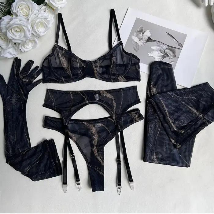Echonight Tie Dye Lingerie sensuelle sous-vêtements en dentelle avec bas gants longs voir à travers 