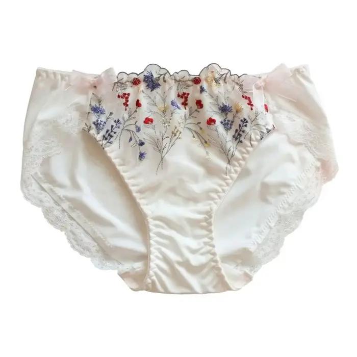 Culottes féminines taille mi-haute en dentelle florale avec nœud, entrejambe en coton, brodées, en s