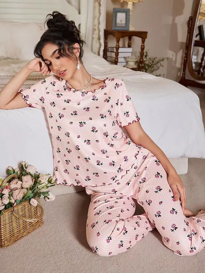 Pyjama décontracté pour femmes, motif floral, vêtements de maison, pantalon à manches courtes, vêtem