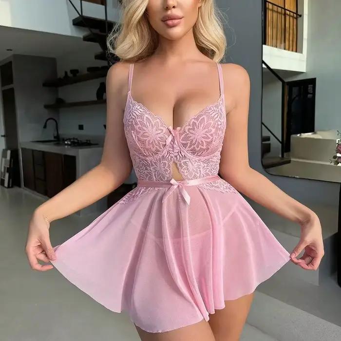 Chemise de nuit en maille de dentelle rose pour femmes, lingerie sexy, mini robe brodée à col en V, 