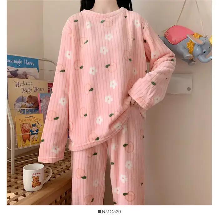 Pyjama d'hiver pour femmes, vêtements de maison, ensemble chaud en molleton de corail, confortable e