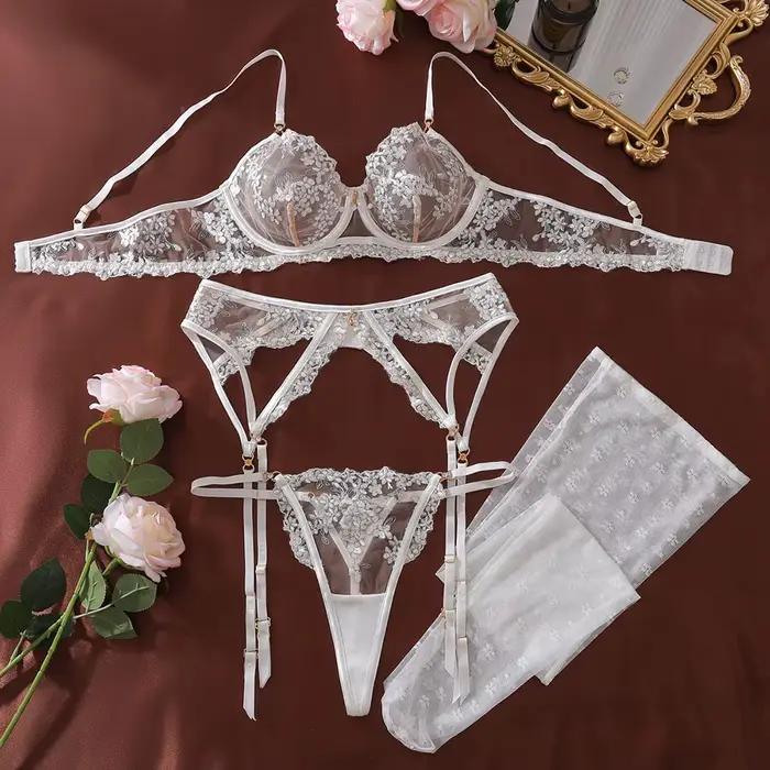 Ensemble de lingerie sexy en dentelle avec porte-jarretelles, soutien-gorge brodé floral, tenue érot