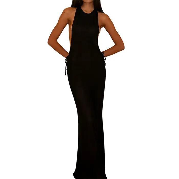 Robe de lingerie sexy pour femme, couleur unie, avec découpes latérales et dos nu, longue, style bab