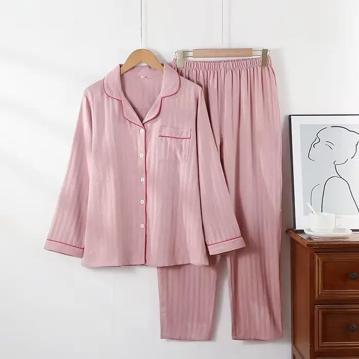 Pyjama de Couple de Style japonais, ensemble 2 pièces, 100% coton, manches longues, pantalon Simple 