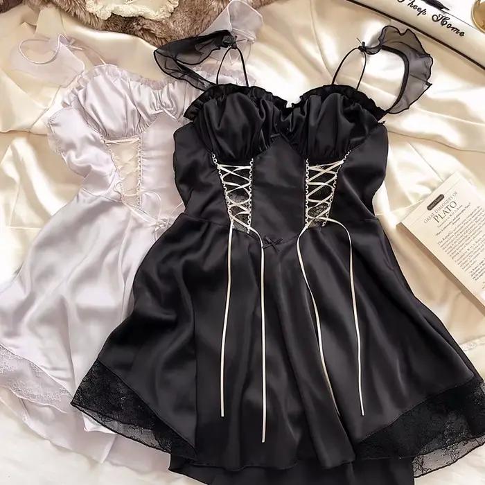 Chemise de nuit française sexy pour femme, satin soyeux, dentelle, Lolita Pure Desire, taille simple