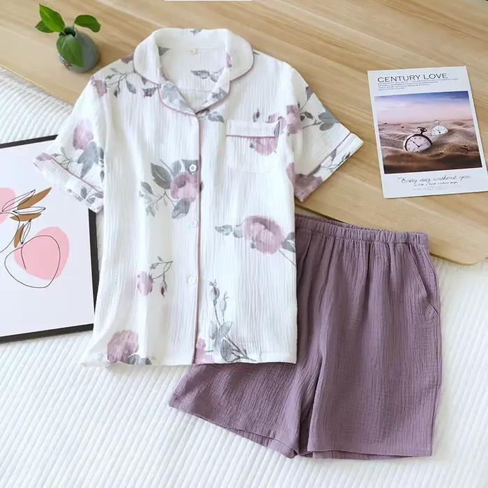 Pyjama en gaze de coton à manches longues pour femmes, ensemble de pyjama de printemps, vêtements de