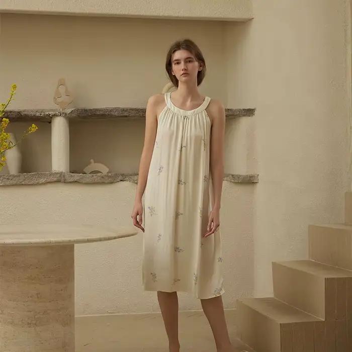 Robe de nuit mi-longue à imprimé doux pour femmes, robe de nuit en coton initiée, vêtements d'intéri