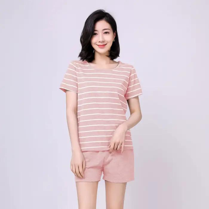 Pyjama d'été court en coton pour femmes, manches courtes, ensembles de pyjama pour dames, short rose