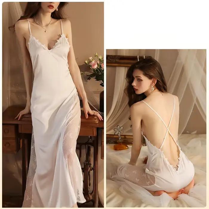 Robe de nuit pour femmes nuisette nouvelle Sexy dos nu longue chemise de nuit mince soie dentelle ét