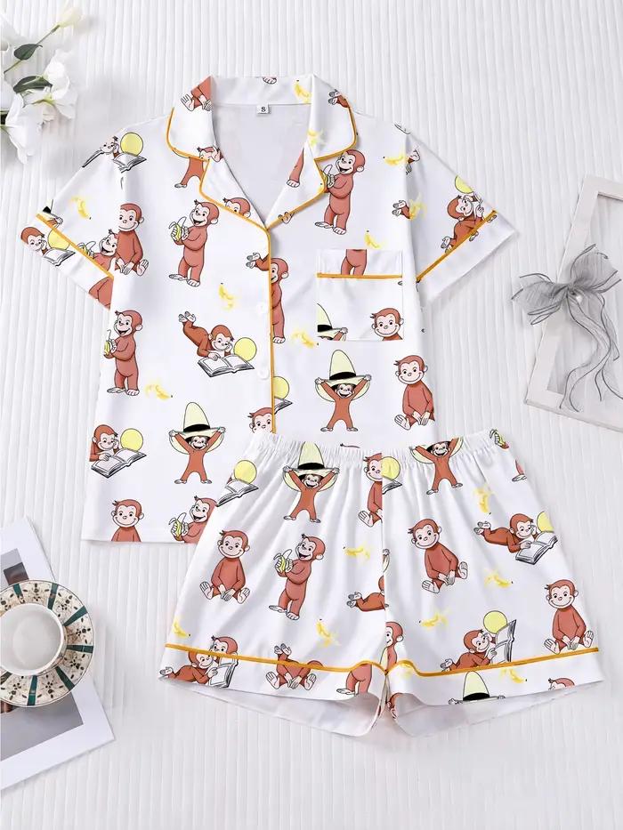 Ensemble de pyjama pour femme, ensemble de pyjama imprimé singe, haut confortable à col rabattu et s
